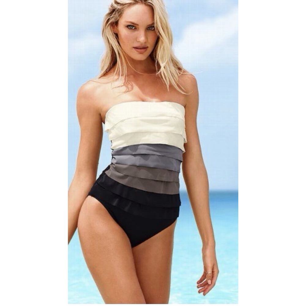 Magicsuit Strapless Tiered Ruffle One Piece Swimsuit Size 16 Ombre Gray Black